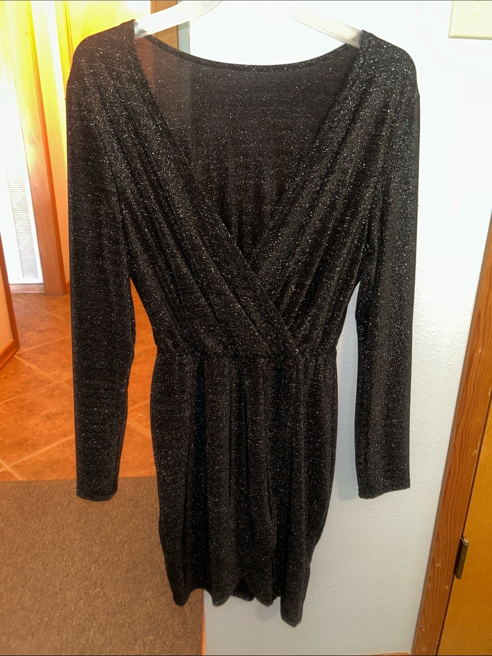 Black Metallic Long Sleeve Wrap Dress